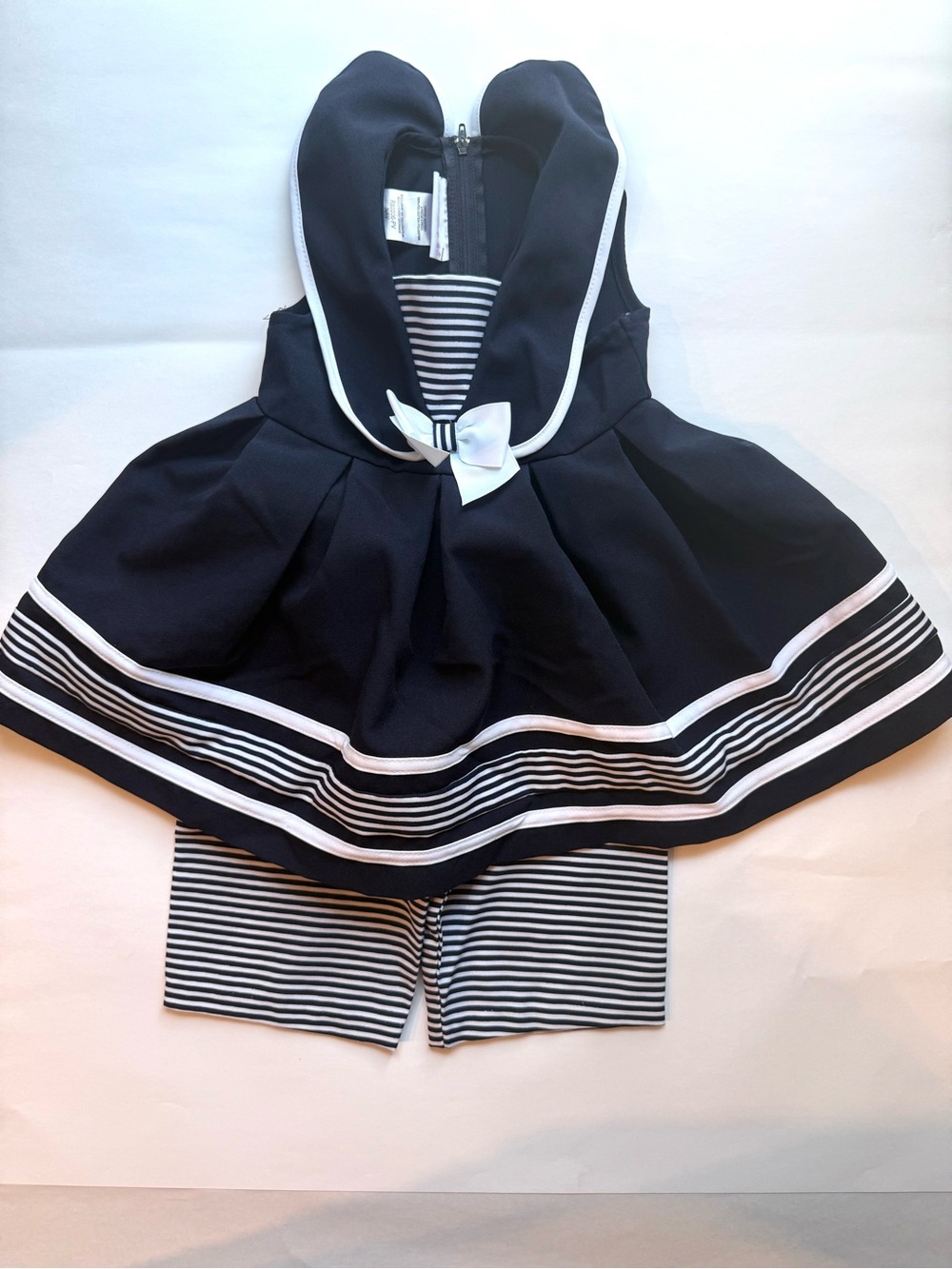 Navy & White Sailor Dress with Striped Shorts-Bonnie Baby